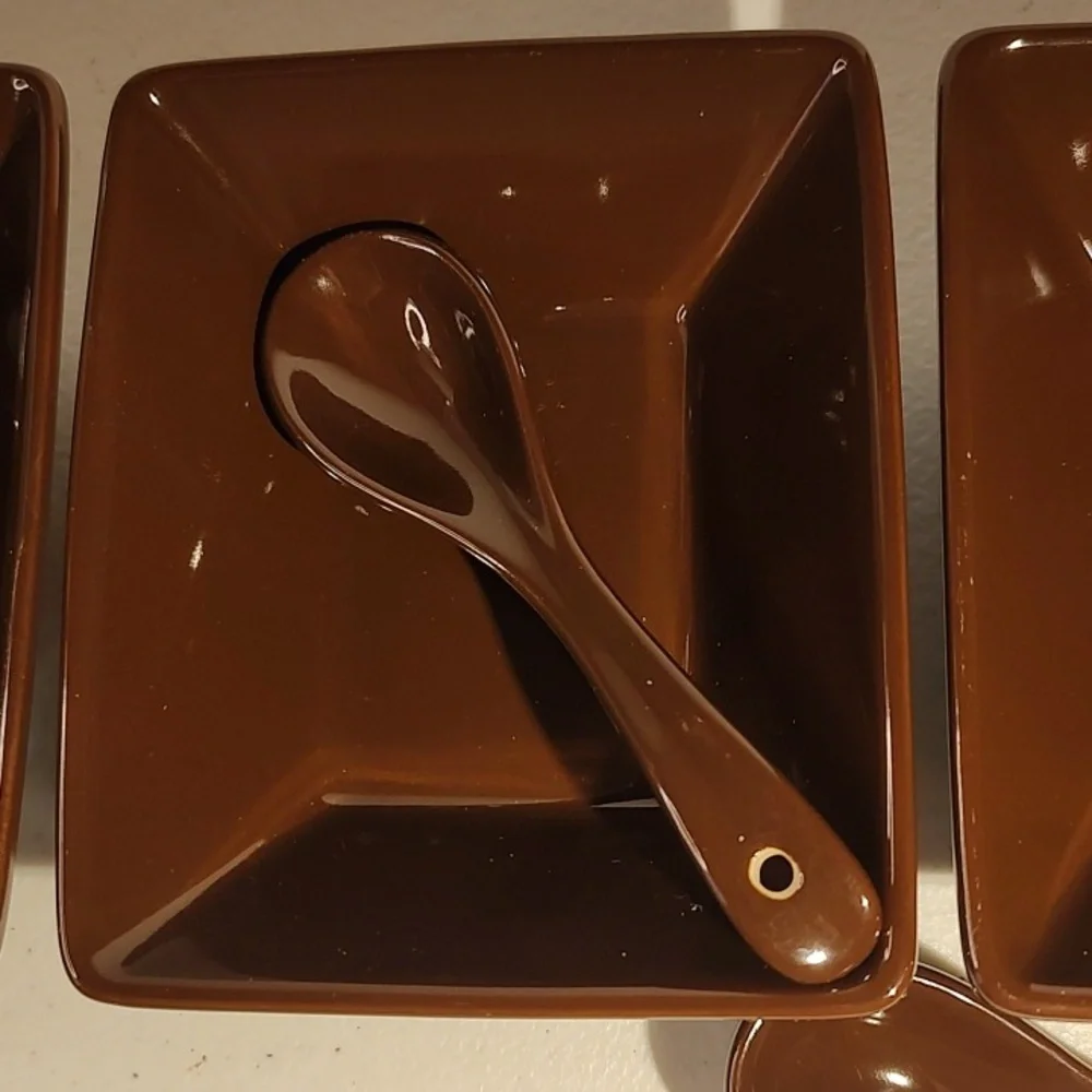 Longaberger Vitrified Pottery Set Of 3 Tasting Bowls  With Spoons In Chocolate